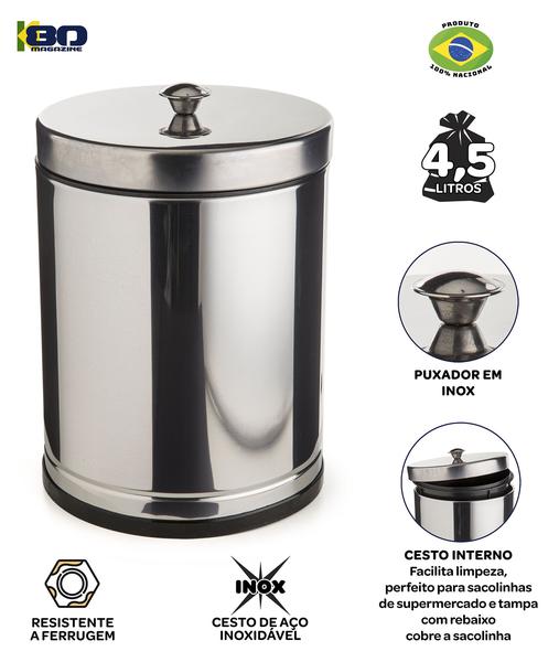 Imagem de Kit de 2 Cesto Lixo 4,5 Litros Pedal Inox Recipiente Interno Plastico Facil Limpar