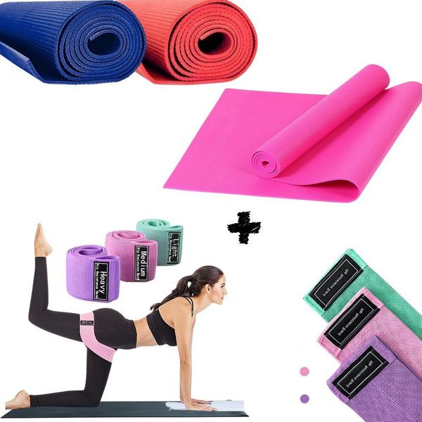 Imagem de Kit de 3 Faixas Elásticas + Colchonete Tapete Para Yoga Pilates Exercícios Treino