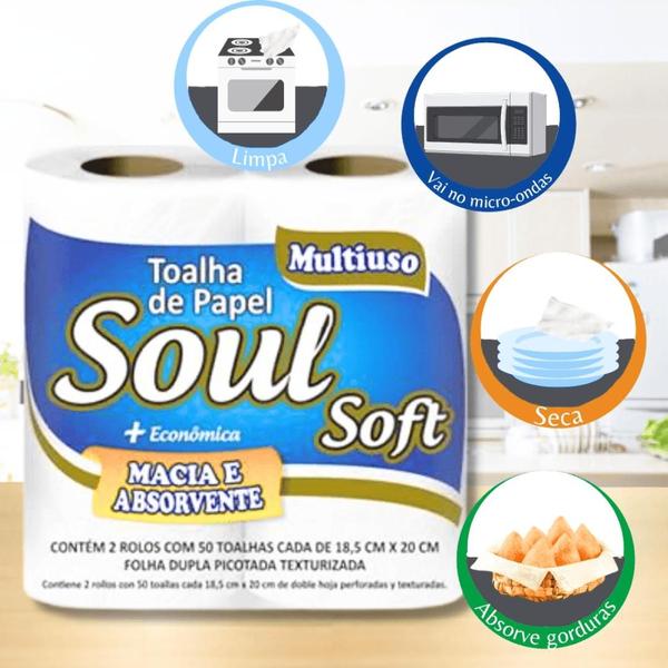 Imagem de Kit de 4 Pacotes de Papel Toalha para Cozinha folha dupla Soul Soft com 2 rolos