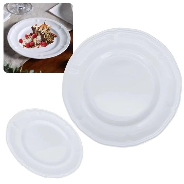 Imagem de Kit de 4 Pratos de Sobremesa 17 Cm + Travessa Branca Rasa 36 Cm Retangular Borda Delicada em Melamina / Plastico  Bestfer 