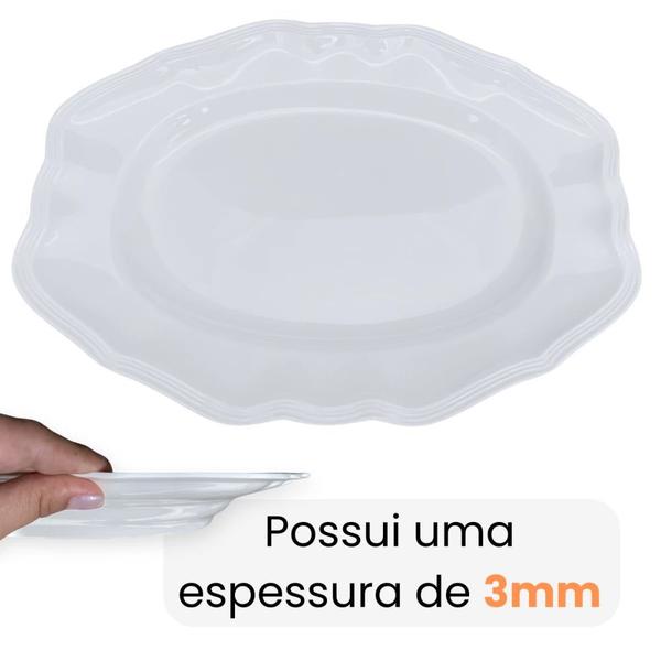 Kit de 4 Pratos de Sobremesa 17 Cm + Travessa Branca Rasa 36 Cm Retangular Borda Delicada em Melamina / Plastico Bestfer Imagem de Kit de 4 Pratos de Sobremesa 17 Cm + Travessa Branca Rasa 36 Cm Retangular Borda Delicada em Melamina / Plastico Bestfer