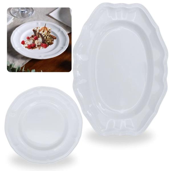 Kit de 4 Pratos de Sobremesa 17 Cm + Travessa Branca Rasa 36 Cm Retangular Borda Delicada em Melamina / Plastico Bestfer Imagem de Kit de 4 Pratos de Sobremesa 17 Cm + Travessa Branca Rasa 36 Cm Retangular Borda Delicada em Melamina / Plastico Bestfer