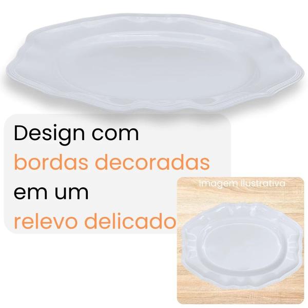 Kit de 4 Pratos de Sobremesa 17 Cm + Travessa Branca Rasa 36 Cm Retangular Borda Delicada em Melamina / Plastico Bestfer Imagem de Kit de 4 Pratos de Sobremesa 17 Cm + Travessa Branca Rasa 36 Cm Retangular Borda Delicada em Melamina / Plastico Bestfer