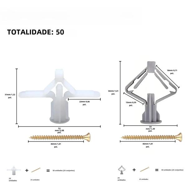 Imagem de Kit de 50 Âncoras de Drywall de Nylon com Parafusos Auto-Perfurados Galvanizados