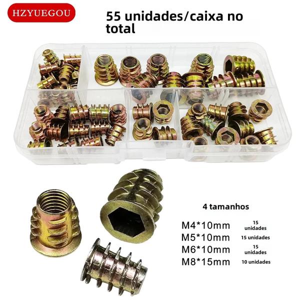 Imagem de Kit de 55 Peças com Porcas de Inserção Rosqueadas M4 M5 M6 M8 - Cabeça de Soquete Sextavada