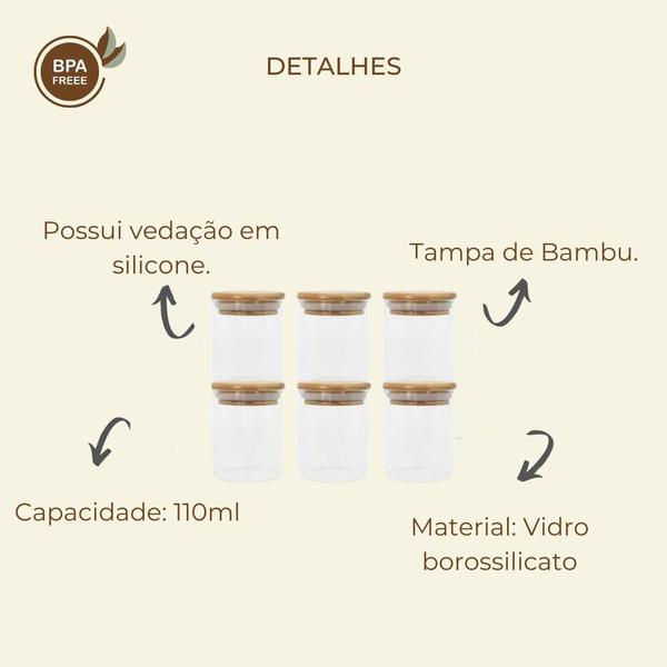 Imagem de Kit de 6 potes de mantimentos de 200ml com tampa de bambu