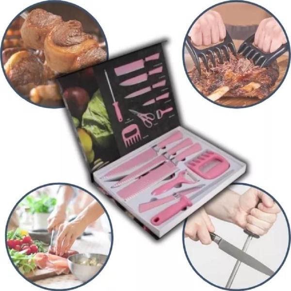 Imagem de Kit De 8 Peças Churrasco Inox Cozinha Profissiona Cor Rosa