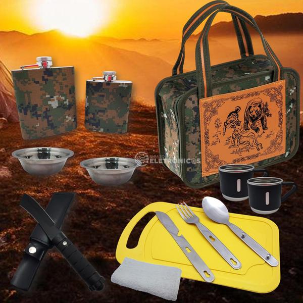 Imagem de Kit de Acampamento Com Faca, Canecas, Cantis e Bolsa para Suporte em Atividades Externas LKCD27