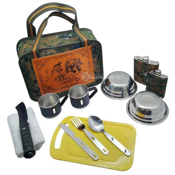 Imagem de Kit de Acampamento Com Faca, Canecas, Cantis e Bolsa para Suporte em Atividades Externas LKCD27