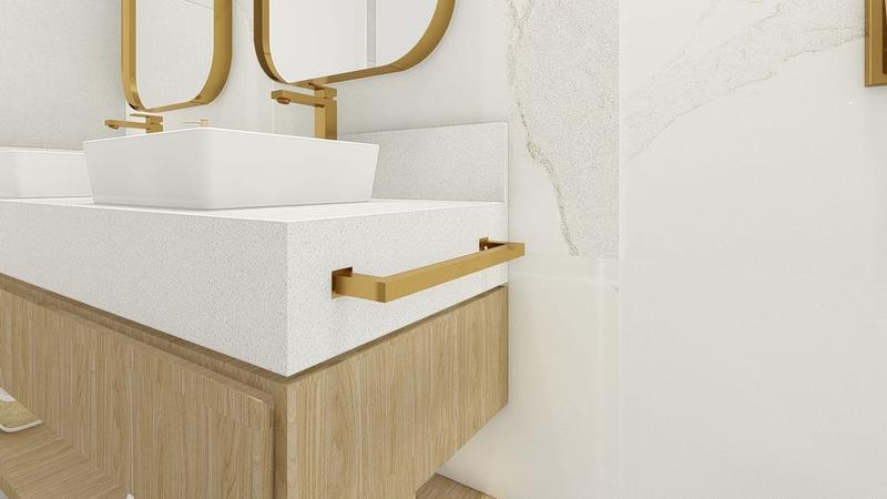 Imagem de Kit de Acessórios Para Banheiro com 4 Peças em Aço Inox Dourado Linha Larissa com toalheiro duplo  Stainless