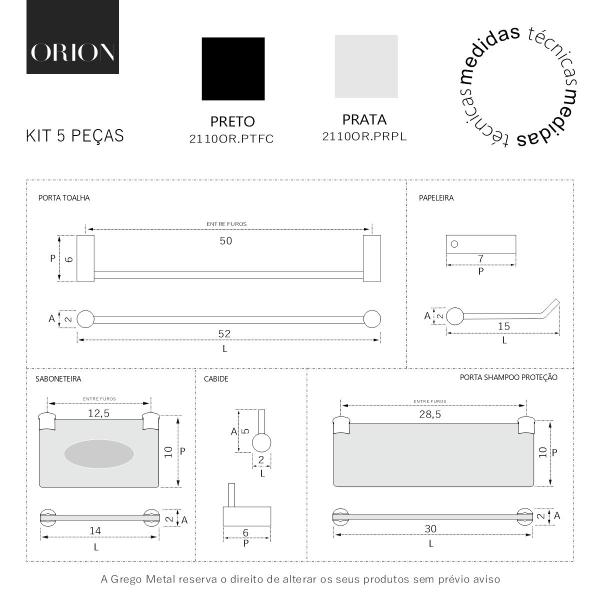 Kit De Acessórios Para Banheiro Orion 5 Peças Prata Polido 2110OR - Grego Metal Imagem de Kit De Acessórios Para Banheiro Orion 5 Peças Prata Polido 2110OR