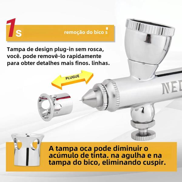 Imagem de Kit de Aerógrafo de Ação Dupla com Alimentação por Gravidade - Bico de 0,2 mm e Copo de Fluido de 2cc/9cc