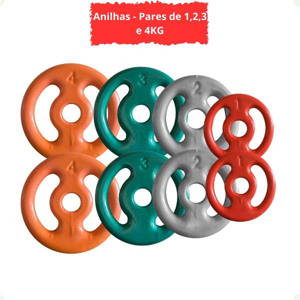 Imagem de Kit de Anilhas Emborrachadas 50 Kg + 02 Barras de 40cm + 01 Barra de 150cm