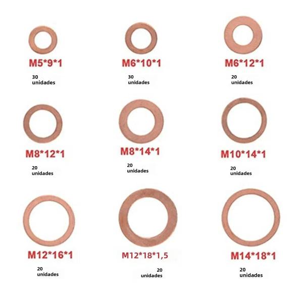 Imagem de Kit de Arruelas de Cobre M8, M10, M12 e M14 - Junta, Porca e Parafuso