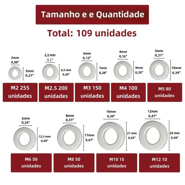 Imagem de Kit de Arruelas Planas de Aço Inoxidável (M2-M12) - 910 Peças para Móveis