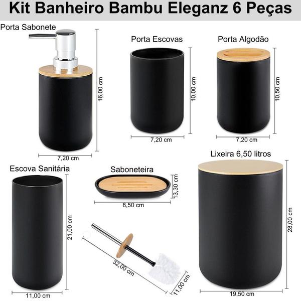 Imagem de Kit de Banheiro Bambu 6 Peças Conjunto Acessórios de Banheiro Eleganz Design Moderno Jogo Para Lavabo Lixeira Grande 6,50L Detalhe Cromado Plasvale