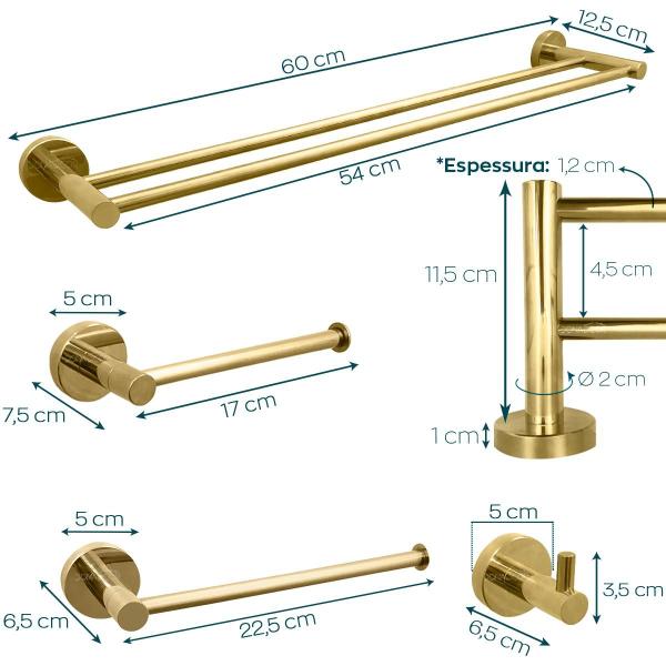 Imagem de Kit De Banheiro Dourado Inox Acessório Lavabo Porta Toalha Duplo Papeleira Gancho Toalheiro Reto Aço Inox 304 Suporte Parede Gold Brilhoso 4 Peças 