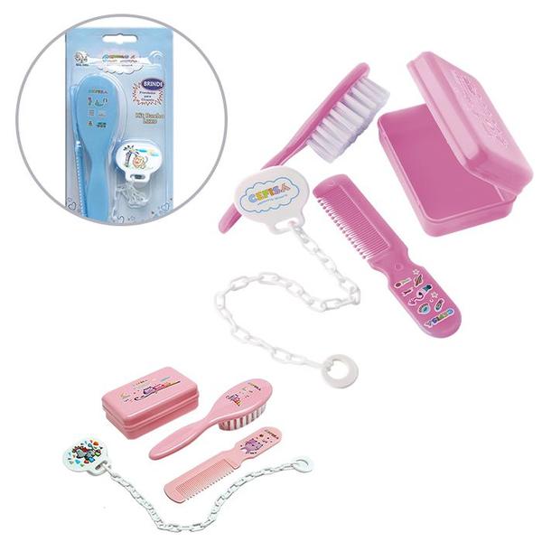 Imagem de Kit de banho luxo para bebê 4 peças com escova e pente para cabelo , saboneteira e prendedor de chupeta perfeito para presentear