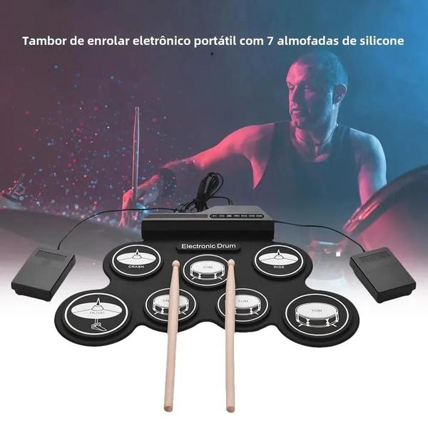 Imagem de Kit de Bateria Eletrônica Portátil e Dobrável de Silicone com USB, Baquetas e Pedal