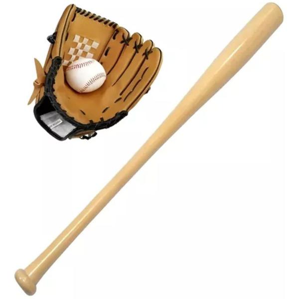 Imagem de Kit de beisebol para crianças, bastão de madeira, bola de luva de 63 cm, 4 peças