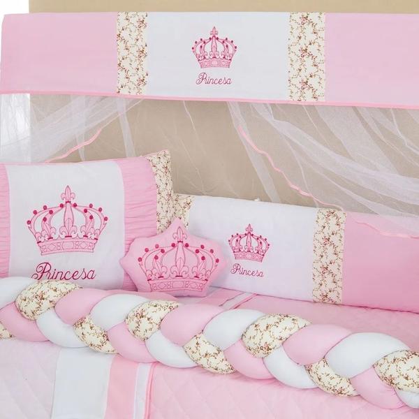 Imagem de Kit De Berço Trança Para Menina Coroa Princesa Rosa Com Saia