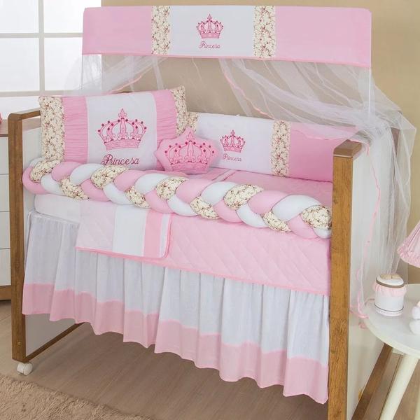 Imagem de Kit De Berço Trança Para Menina Coroa Princesa Rosa Com Saia