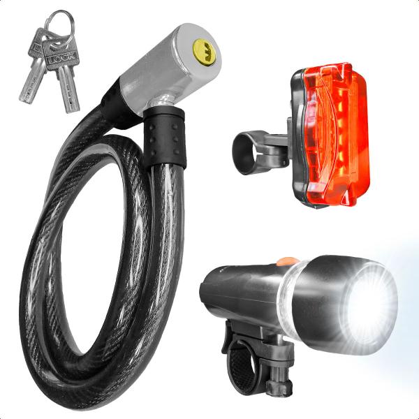 Imagem de Kit de Bicicleta Cadeado Anti-Furto + Farol e Lanterna Led