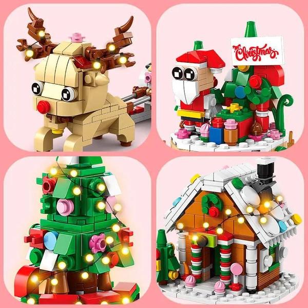 Imagem de Kit de Blocos de Construção Natalinos 6 em 1 - DIY com Luzes, Rena, Papai Noel, Trem e Casa de Neve