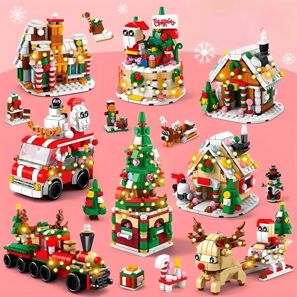 Imagem de Kit de Blocos de Construção Natalinos 6 em 1 - DIY com Luzes, Rena, Papai Noel, Trem e Casa de Neve