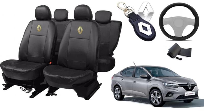 Imagem de Kit de Capas de Couro Impermeável Renault Logan 2021 a 2022 + Capa de Volante com Agulha + Chaveiro