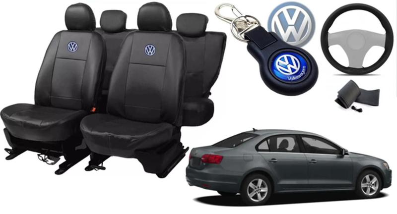 Imagem de Kit de Capas de Couro para Jetta 2012 - Couro Impermeável + Chaveiro + Capa de Volante