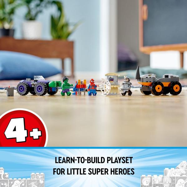 Imagem de Kit de Construção LEGO Marvel, Spidey e Seus Amigos, Hulk vs. Rhino Truck, vem com 2 veículos do Homem-Aranha (110 peças)