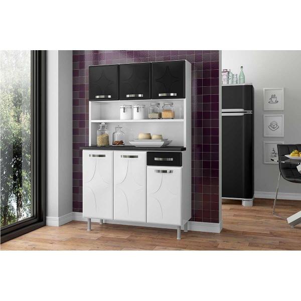 Imagem de Kit de Cozinha Compacta Rubi Smart c/ 6 Portas e 1 Gaveta Branco/Preto - Telasul