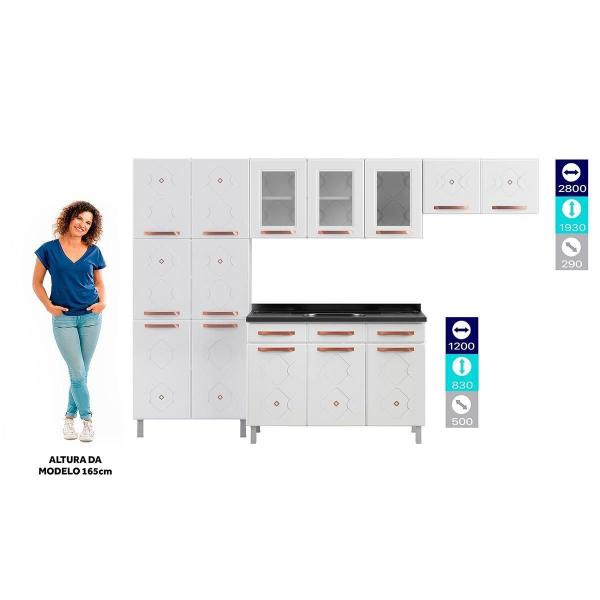 Imagem de Kit de Cozinha Completa 3 Peças Mirage New 4 Peças (2 Armários c/3 Portas Vidro + 1 Balcão p/ Pia + 1 Paneleiro) Branco/Preto - Telasul