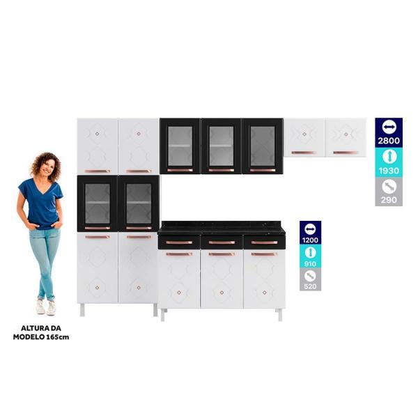 Imagem de Kit de Cozinha Completa 3 Peças Mirage New 4 Peças (2 Armários c/5 Portas Vidro + 1 Balcão + 1 Paneleiro) Branco - Telasul