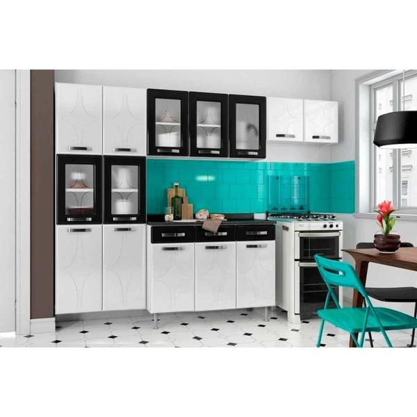 Kit de Cozinha Completa 4 Peças Rubi (2 Armários + 1 Balcão + 1 Paneleiro) C4P26 Branco/Preto - Telasul Imagem de Kit de Cozinha Completa 4 Peças Rubi (2 Armários + 1 Balcão + 1 Paneleiro) C4P26 Branco/Preto - Telasul