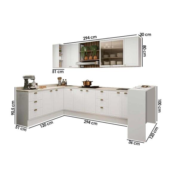 Imagem de Kit de Cozinha Completa 9 Peças Bella (2Aéreos+4Balcões+1Ilha+2Complementos)C9P48 Branco - Carraro