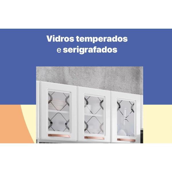 Imagem de Kit de Cozinha Modulada 3 Peças Mirage New 4 Peças (2 Armários c/3 Portas Vidro + 1 Balcão p/ Pia + 1 Paneleiro) Branco - Telasul