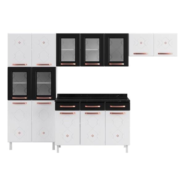 Imagem de Kit de Cozinha Modulada 3 Peças Mirage New 4 Peças (2 Armários c/5 Portas Vidro + 1 Balcão + 1 Paneleiro) Branco/Preto - Telasul