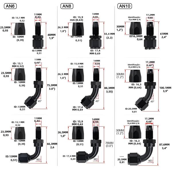 Imagem de Kit de Encaixe de Mangueira Giratória para Combustível e Óleo - An4, An6, An8, An10 - Reto e 45°