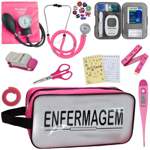 Imagem de Kit de Enfermagem Aparelho de Pressao Estetoscopio Necessaire Transparente Medidor Glicose Multi Estagio Incoterm