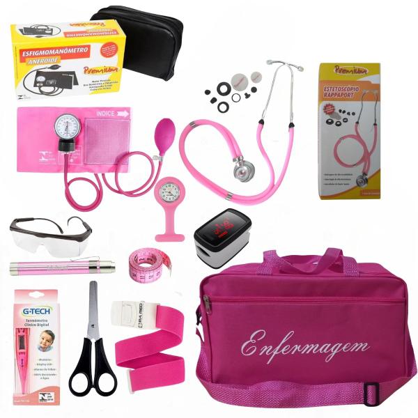 Imagem de Kit de enfermagem rosa premium com estetoscópio oxímetro e relógio