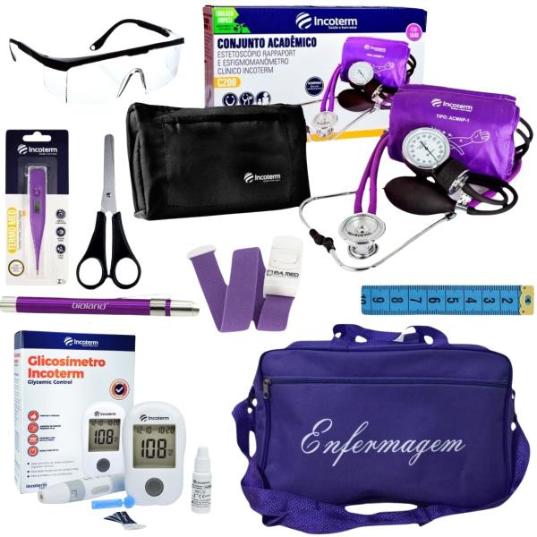 Imagem de Kit de enfermagem roxo incoterm com esfigmomanômetro e estetoscópio completo