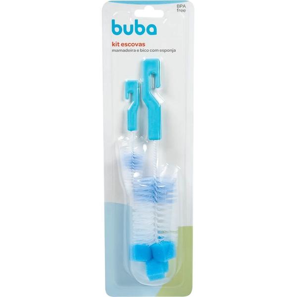 Kit de escovas para mamadeira e bicos com espuma azul buba Imagem de Kit de escovas para mamadeira e bicos com espuma azul buba