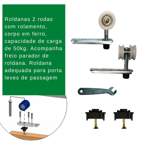 Imagem de Kit de ferragens em alumínio natural p/ porta até 62cm, roldana 2 rodas e par de concha 