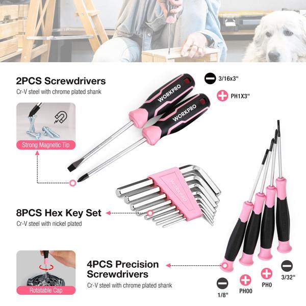 Kit de ferramentas WORKPRO Pink 258 unidades com martelo rosa e