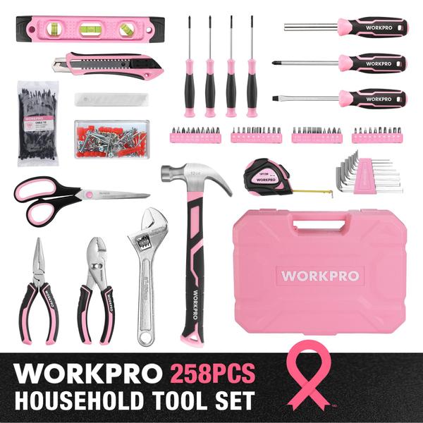 Kit de ferramentas WORKPRO Pink 258 unidades com martelo rosa e