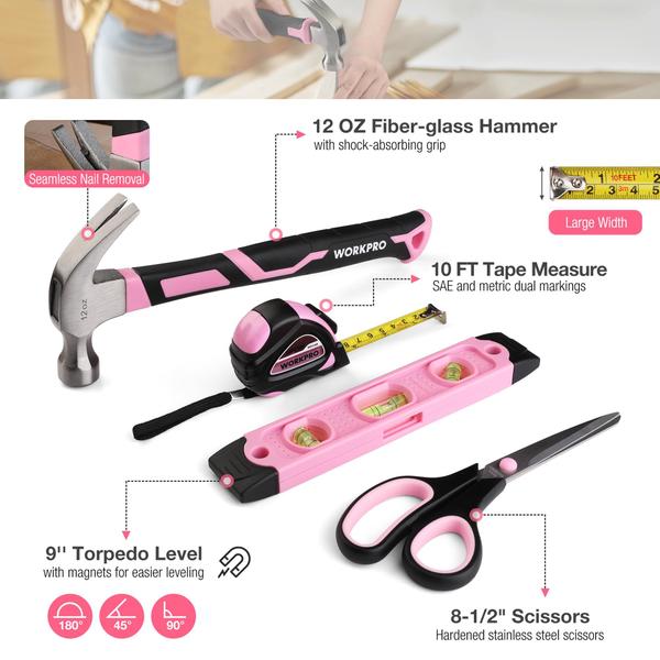 Kit de ferramentas WORKPRO Pink 258 unidades com martelo rosa e