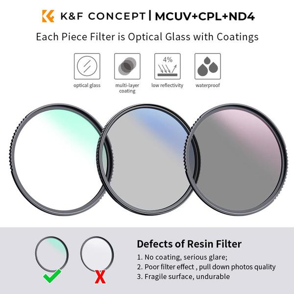 Kit de filtro de lente K&F Concept 67mm UV/CPL/ND4 com pano de limpeza Imagem de Kit de filtro de lente K&F Concept 67mm UV/CPL/ND4 com pano de limpeza