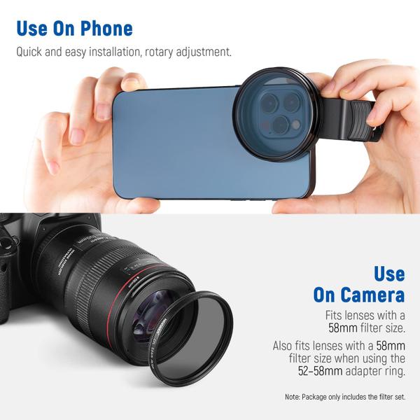 Imagem de Kit de filtro de lente Neewer 58 mm com clipe de celular para iPhone